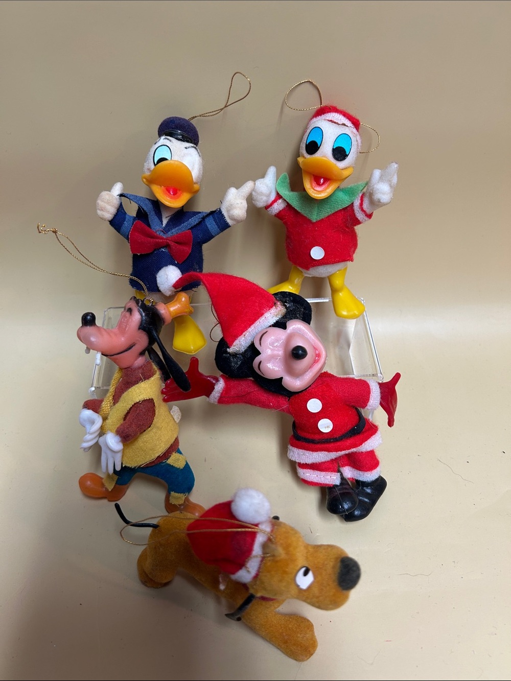 VINTAGE FLOCKED DISNEY ORNAMENTS GOOFY DONALD DUCK MICKEY MOUSE PlUTO AS SANTA